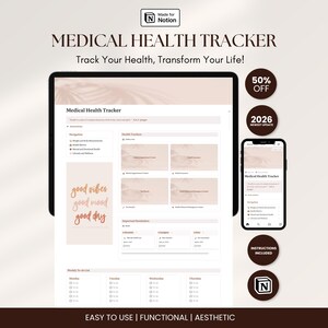 Medical Health Tracker Notion Template ADHD Health Planner Symptom Log Wellness Diary Digital Medical Journal Health Hub Dashboard image 1