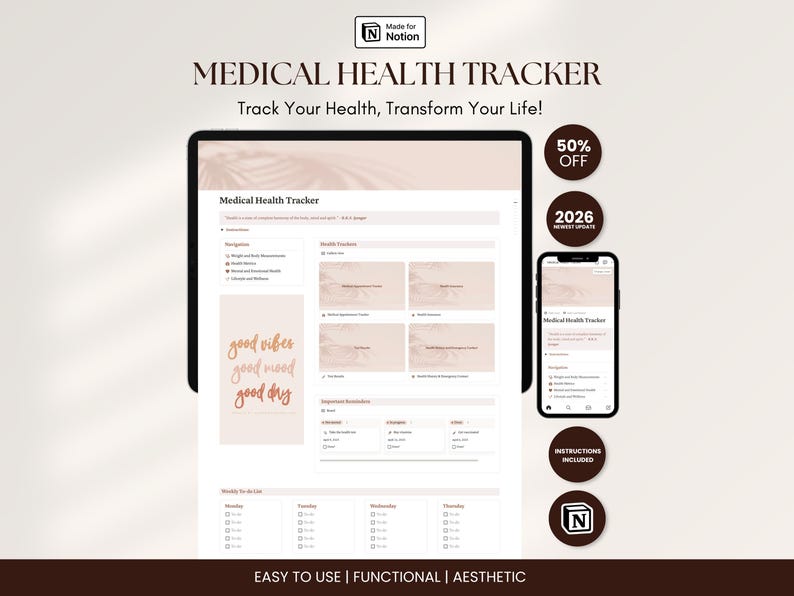 Medical Health Tracker Notion Template ADHD Health Planner Symptom Log Wellness Diary Digital Medical Journal Health Hub Dashboard image 1