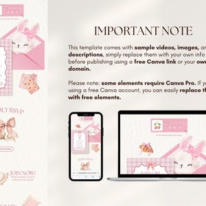 May include: A digital template for a baby shower invitation website featuring a pink colour scheme, illustrations of a bunny, a swan, and bows. The text reads IMPORTANT NOTE, explaining that the template includes sample media for Canva.
