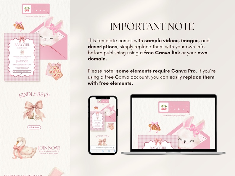May include: A digital template for a baby shower invitation website featuring a pink colour scheme, illustrations of a bunny, a swan, and bows. The text reads IMPORTANT NOTE, explaining that the template includes sample media for Canva.