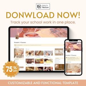 K&ouml;nnte beinhalten: Ein digitaler Bildschirm zeigt eine Studentenplaner-Vorlage f&uuml;r Notion. Die Vorlage hat ein hellbraunes Farbschema mit Illustrationen eines B&auml;ren und einer Tasse Kaffee. Der Text "Student Planner" und "DONWLOAD NOW!" wird auf dem Bildschirm angezeigt. Der Bildschirm ist 75% reduziert.
