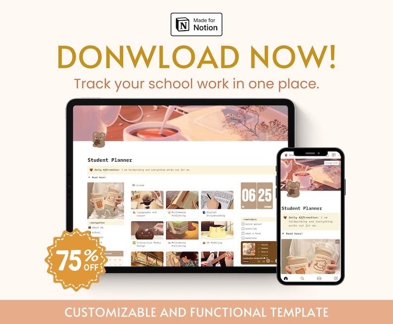 K&ouml;nnte beinhalten: Ein digitaler Bildschirm zeigt eine Studentenplaner-Vorlage f&uuml;r Notion. Die Vorlage hat ein hellbraunes Farbschema mit Illustrationen eines B&auml;ren und einer Tasse Kaffee. Der Text "Student Planner" und "DONWLOAD NOW!" wird auf dem Bildschirm angezeigt. Der Bildschirm ist 75% reduziert.