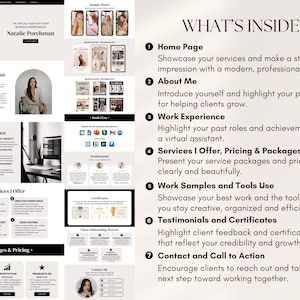 May include: A website design showcasing a virtual assistant's services. The layout includes sections for the homepage, about me, work experience, services offered, pricing, work samples, testimonials, and contact information. The design uses a clean, modern aesthetic.
