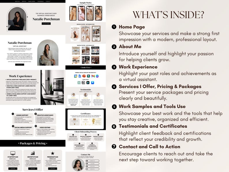 May include: A website design showcasing a virtual assistant's services. The layout includes sections for the homepage, about me, work experience, services offered, pricing, work samples, testimonials, and contact information. The design uses a clean, modern aesthetic.