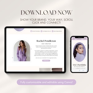 May include: A digital marketing design featuring a tablet and smartphone displaying a website. The tablet shows a woman in a purple suit. The text reads "DOWNLOAD NOW" and "SHOW YOUR BRAND, YOUR WAY, SCROLL, CLICK AND CONNECT!" with a "50% OFF" Canva promotion.