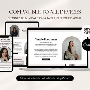 May include: A digital marketing design showcasing a virtual assistant's website on a laptop, tablet, and phone. The design includes the text "Compatible to all devices" and "Fully customizable and editable using Canva!"