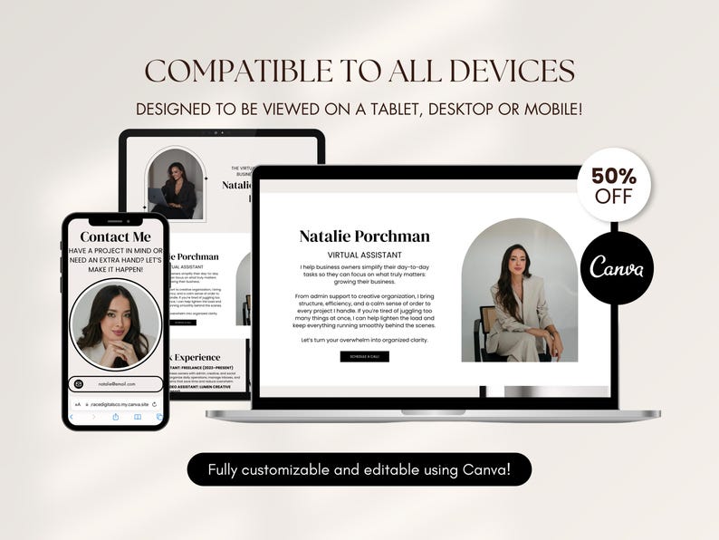May include: A digital marketing design showcasing a virtual assistant's website on a laptop, tablet, and phone. The design includes the text "Compatible to all devices" and "Fully customizable and editable using Canva!"