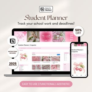 Könnte beinhalten: Ein digitaler Studentenplaner, der auf einem Laptop und Smartphone angezeigt wird. Der Planer hat eine rosa und weiße Ästhetik mit Kirschillustrationen. Der Text enthält "Student Planner" und "Einfach zu bedienen | Funktional | Ästhetisch."