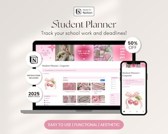 Kokette Studentenplaner Notion Template für das College Dashboard Aufgabe Organizer Lernplan Ästhetik All in One Planer