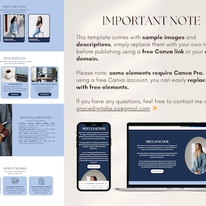 May include: A digital marketing template with a light blue and white color scheme. The design includes sections for team introductions, services, results, and a 'how it works' guide. The text includes "IMPORTANT NOTE" and contact information.