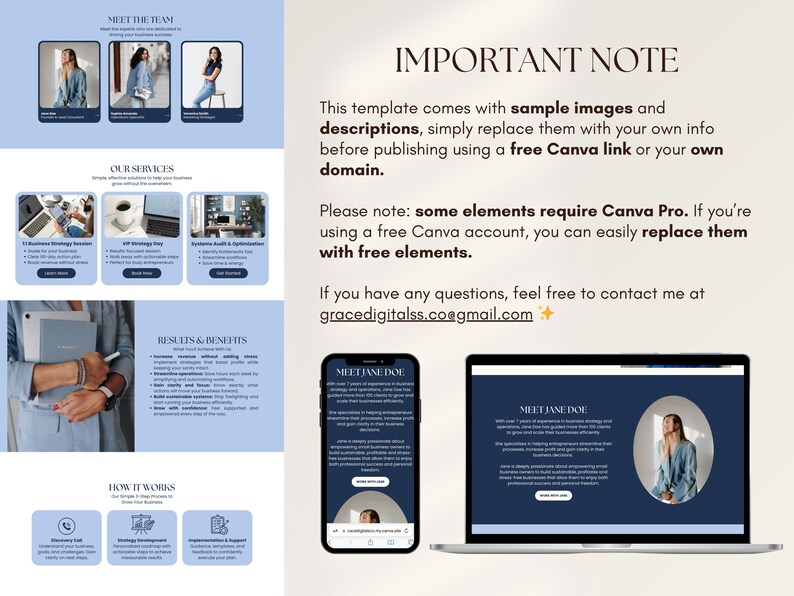 May include: A digital marketing template with a light blue and white color scheme. The design includes sections for team introductions, services, results, and a 'how it works' guide. The text includes "IMPORTANT NOTE" and contact information.