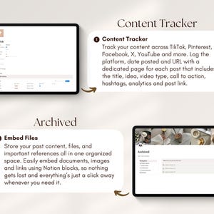 May include: A digital content tracker and file archive displayed on two tablets. The content tracker includes fields for TikTok, Pinterest, Facebook, and YouTube. The archive section allows for embedding files and references.