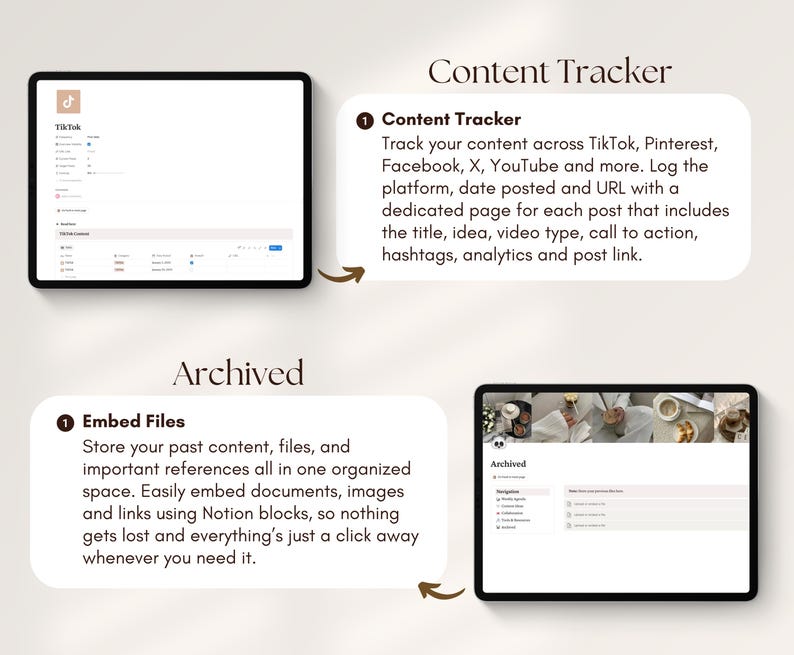 May include: A digital content tracker and file archive displayed on two tablets. The content tracker includes fields for TikTok, Pinterest, Facebook, and YouTube. The archive section allows for embedding files and references.