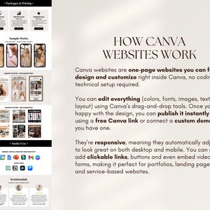 May include: A webpage design showcasing Canva website features. The design includes sample works displayed on mobile phones, graphic posters, and a section on tools used. Text highlights Canva's one-page website design and customization capabilities.