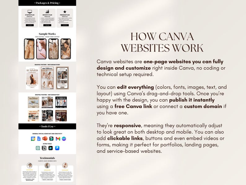 May include: A webpage design showcasing Canva website features. The design includes sample works displayed on mobile phones, graphic posters, and a section on tools used. Text highlights Canva's one-page website design and customization capabilities.