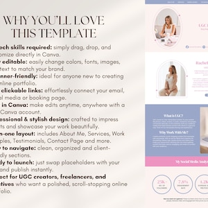 May include: A website template design in pink and blue, with the text "WHY YOU'LL LOVE THIS TEMPLATE". It highlights features such as drag-and-drop functionality and clickable links. The design includes images of a woman using a laptop.