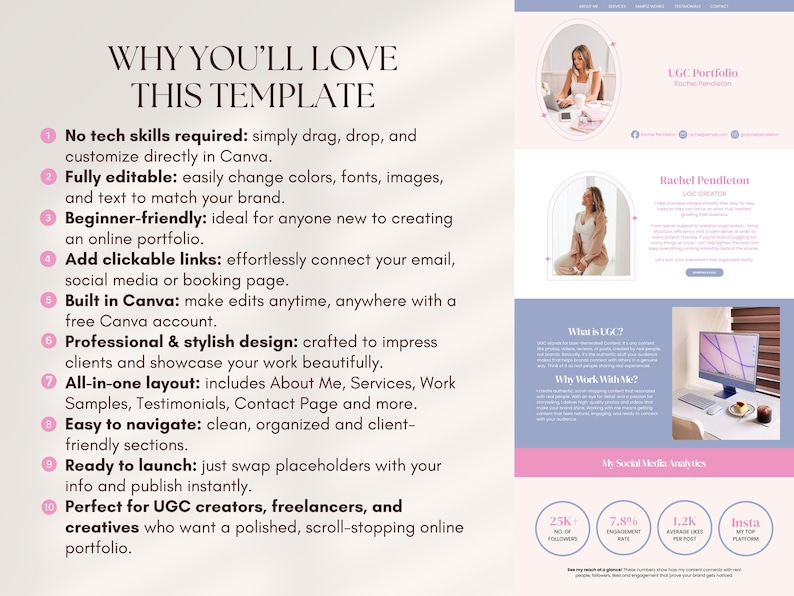 May include: A website template design in pink and blue, with the text "WHY YOU'LL LOVE THIS TEMPLATE". It highlights features such as drag-and-drop functionality and clickable links. The design includes images of a woman using a laptop.