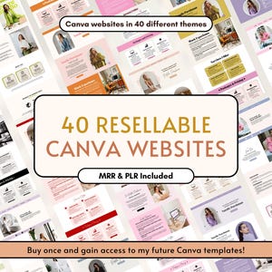 May include: An image showcasing 40 resalable Canva website templates in various themes. The text includes "Canva websites in 40 different themes", "40 RESELLABLE CANVA WEBSITES", and "MRR & PLR Included". The bottom text reads "Buy once and gain access to my future Canva templates!"