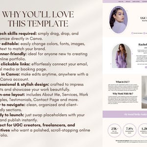 May include: A website template design with a light purple and white color scheme. The design includes text that says "WHY YOU'LL LOVE THIS TEMPLATE" and "UGC Portfolio". The template is for UGC creators and freelancers.