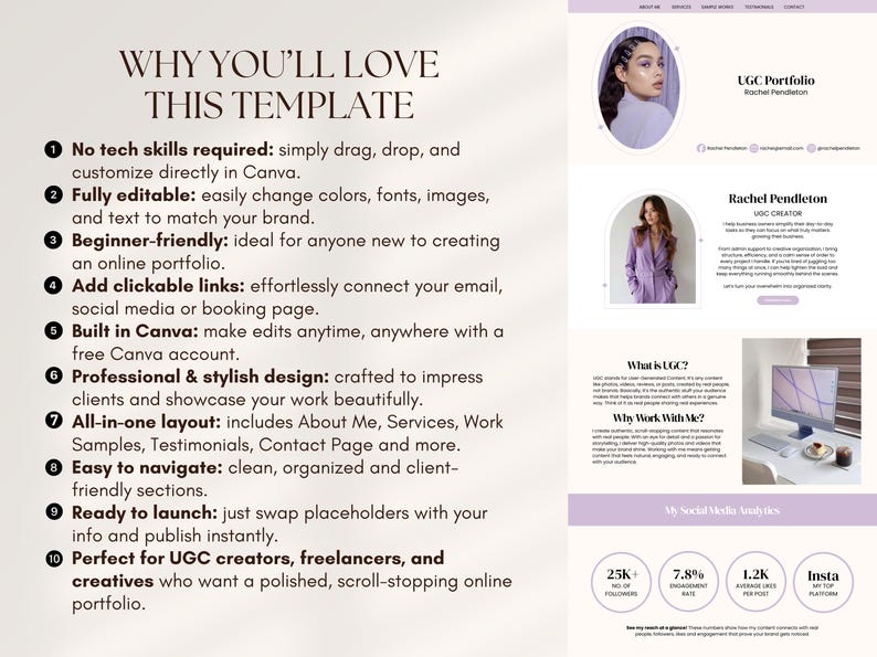 May include: A website template design with a light purple and white color scheme. The design includes text that says "WHY YOU'LL LOVE THIS TEMPLATE" and "UGC Portfolio". The template is for UGC creators and freelancers.