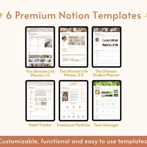 Op de afbeelding: Zes digitale sjablonen voor de productiviteitsapp Notion. De sjablonen omvatten: The Ultimate Life Planner 1.0, The Ultimate Life Planner 2.0, The Ultimate Student Planner, Habit Tracker, Freelancer Portfolio en Task Manager. De sjablonen zijn aanpasbaar, functioneel en gemakkelijk te gebruiken.