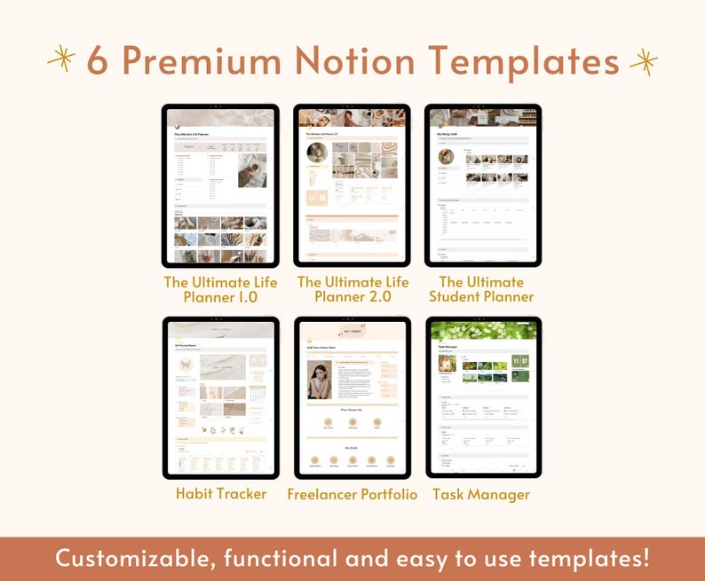 Op de afbeelding: Zes digitale sjablonen voor de productiviteitsapp Notion. De sjablonen omvatten: The Ultimate Life Planner 1.0, The Ultimate Life Planner 2.0, The Ultimate Student Planner, Habit Tracker, Freelancer Portfolio en Task Manager. De sjablonen zijn aanpasbaar, functioneel en gemakkelijk te gebruiken.