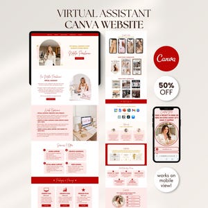 Puede incluir: Un diseño de marketing digital que muestra un diseño de sitio web para un asistente virtual. El diseño incluye una tableta, un teléfono y varias maquetas. El texto incluye "Virtual Assistant Canva Website" y "50% OFF".