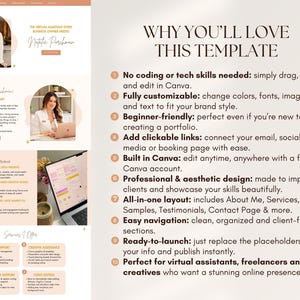 Puede incluir: Una plantilla de sitio web con una paleta de colores suaves, con el texto "Por qu&eacute; te encantar&aacute; esta plantilla". La plantilla est&aacute; dise&ntilde;ada para asistentes virtuales y aut&oacute;nomos, con secciones para servicios, testimonios e informaci&oacute;n de contacto.