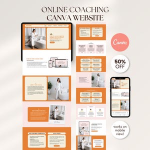 May include: A digital mockup showcasing an online coaching website design, displayed on a tablet, phone, and additional website page layouts. The design features a warm color palette with orange and beige tones, and the text "ONLINE COACHING CANVA WEBSITE".