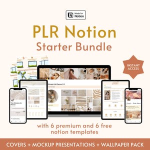 Op de afbeelding: Een digitaal productpakket voor Notion, met een beige achtergrond en de tekst "PLR Notion Starter Bundle" in gouden letters. Het pakket bevat 6 premium en 6 gratis sjablonen, covers, mockup-presentaties en een wallpaper-pakket. De afbeelding toont ook een mockup van een computerscherm waarop een Notion-sjabloon wordt weergegeven.