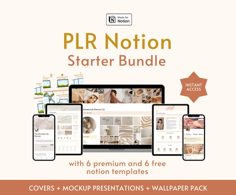 Op de afbeelding: Een digitaal productpakket voor Notion, met een beige achtergrond en de tekst "PLR Notion Starter Bundle" in gouden letters. Het pakket bevat 6 premium en 6 gratis sjablonen, covers, mockup-presentaties en een wallpaper-pakket. De afbeelding toont ook een mockup van een computerscherm waarop een Notion-sjabloon wordt weergegeven.