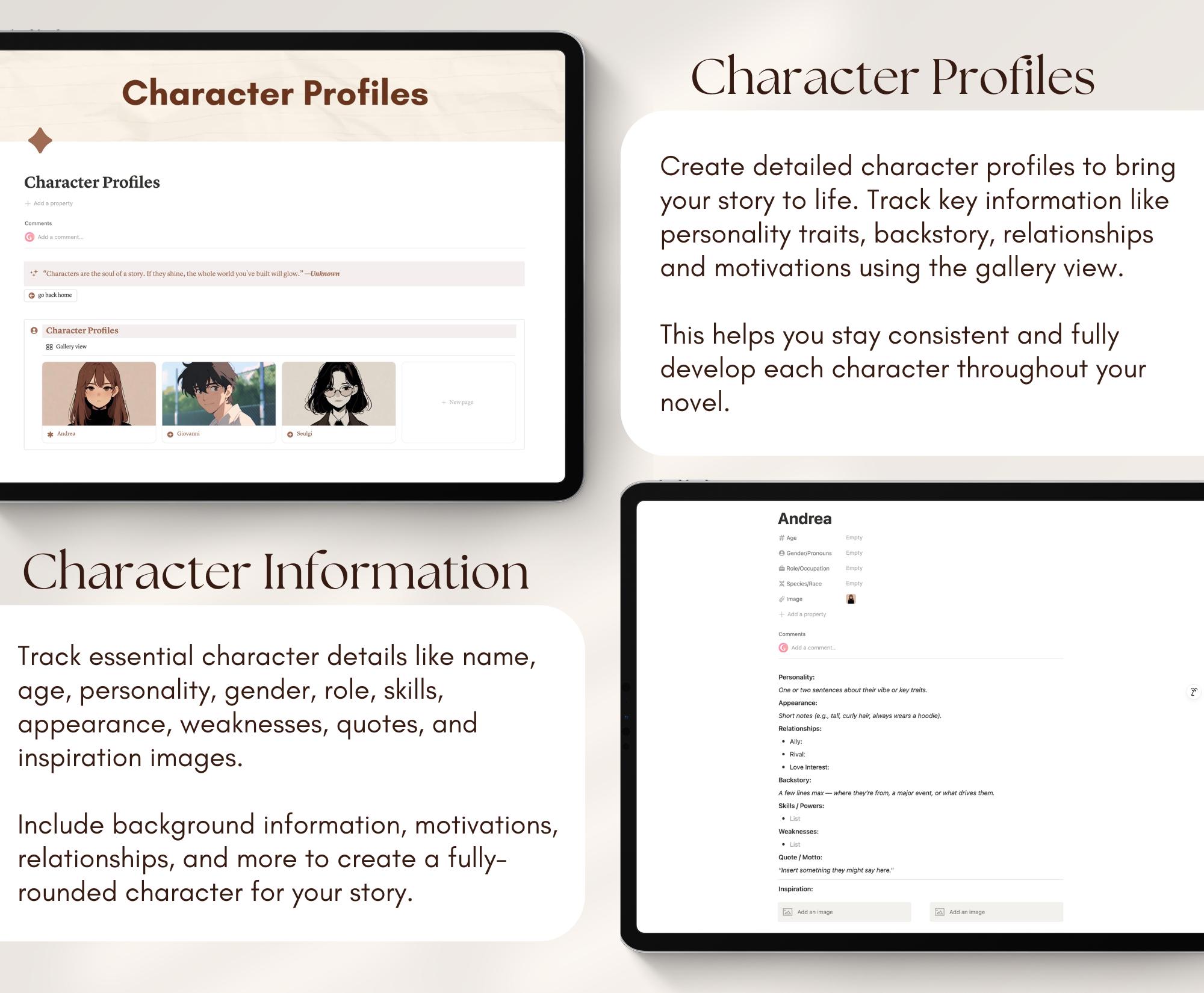 Notion Novel Planner Template for Writers Character Profiles ...