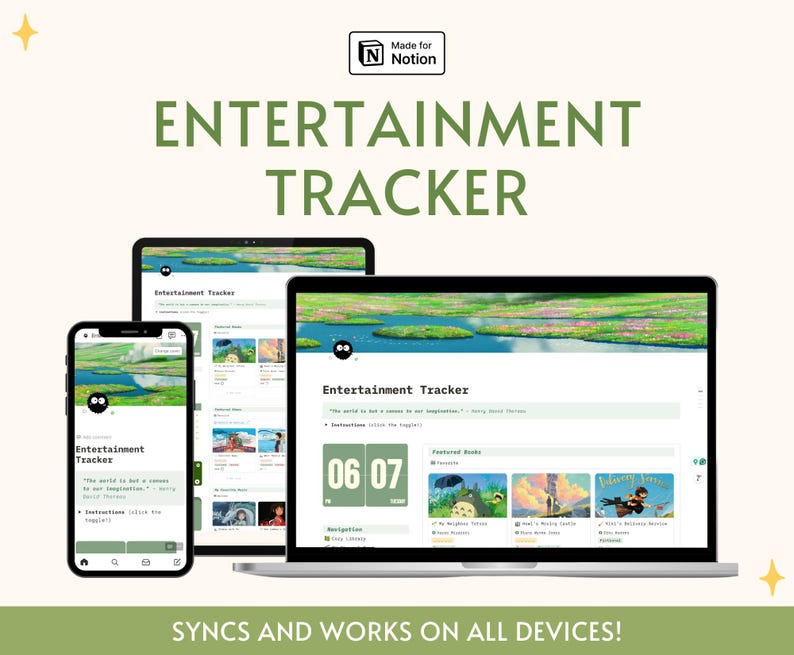 Estetisk underhållningsspårare Notion Dashboard Studio Ghibli-filmer Digital bokhylla Serier Filmspårning Personligt bibliotek Medieplanerare bild 2