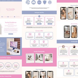 May include: A website design in pink and blue, featuring a portfolio layout. Sections include packages, services, and recent work. Text elements read "UGC Portfolio" and "Rachel Pendleton". Measurements are in cm.