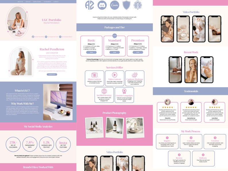 May include: A website design in pink and blue, featuring a portfolio layout. Sections include packages, services, and recent work. Text elements read "UGC Portfolio" and "Rachel Pendleton". Measurements are in cm.