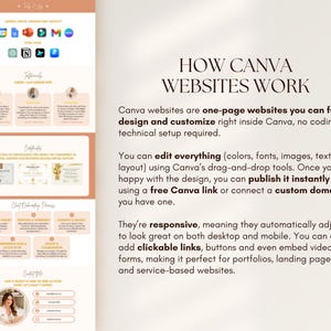 Puede incluir: Un dise&ntilde;o de p&aacute;gina web que explica c&oacute;mo funcionan los sitios web de Canva. El dise&ntilde;o presenta iconos, testimonios, certificados y procesos de incorporaci&oacute;n de clientes. El texto detalla las opciones de dise&ntilde;o y personalizaci&oacute;n.