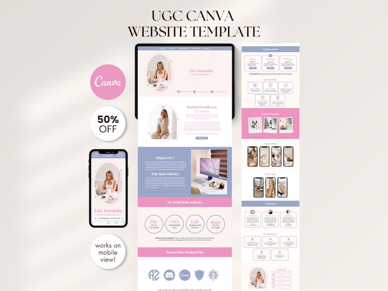 May include: A digital website template displayed on a tablet and smartphone, with a pink and blue colour scheme. The template includes the text "UGC CANVA WEBSITE TEMPLATE" and "50% OFF". The design is optimised for mobile viewing.