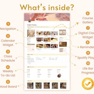 K&ouml;nnte beinhalten: Ein digitaler Studentenplaner mit hellbraunem Hintergrund und einer Vielzahl von Funktionen, darunter ein Kalender-Widget, ein Stundenplan, eine w&ouml;chentliche To-Do-Liste, ein Moodboard, eine Kursgalerie, ein digitales Uhr-Widget, Erinnerungen, eine Spotify-Playlist und eine Lebensbalken-Fortschrittsanzeige. Der Planer enth&auml;lt auch den Titel "Student Planner" und das Datum "06 25".