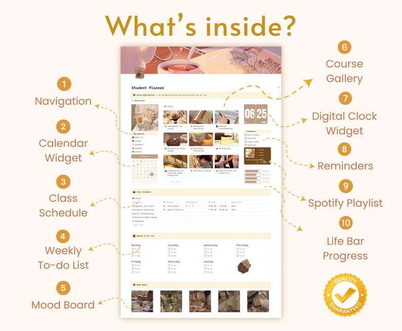 K&ouml;nnte beinhalten: Ein digitaler Studentenplaner mit hellbraunem Hintergrund und einer Vielzahl von Funktionen, darunter ein Kalender-Widget, ein Stundenplan, eine w&ouml;chentliche To-Do-Liste, ein Moodboard, eine Kursgalerie, ein digitales Uhr-Widget, Erinnerungen, eine Spotify-Playlist und eine Lebensbalken-Fortschrittsanzeige. Der Planer enth&auml;lt auch den Titel "Student Planner" und das Datum "06 25".