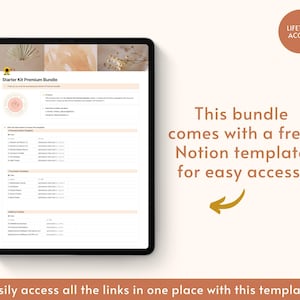 Op de afbeelding: Een computerscherm dat een Notion-pagina weergeeft met de titel "Starter Kit Premium Bundle". De pagina bevat een lijst met verschillende bronnen, waaronder video-tutorials en sjablonen. De tekst "Deze bundel wordt geleverd met een gratis Notion-sjabloon voor eenvoudige toegang!" wordt onder het scherm weergegeven.