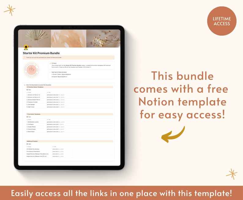Op de afbeelding: Een computerscherm dat een Notion-pagina weergeeft met de titel "Starter Kit Premium Bundle". De pagina bevat een lijst met verschillende bronnen, waaronder video-tutorials en sjablonen. De tekst "Deze bundel wordt geleverd met een gratis Notion-sjabloon voor eenvoudige toegang!" wordt onder het scherm weergegeven.