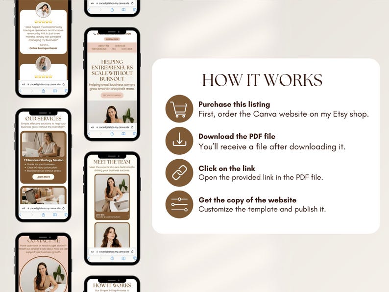 Puede incluir: Capturas de pantalla de una plantilla de sitio web en tel&eacute;fonos m&oacute;viles, mostrando secciones como servicios, equipo y contacto. El dise&ntilde;o utiliza una paleta de colores neutros con im&aacute;genes y texto. Tambi&eacute;n se muestra una gu&iacute;a de uso.