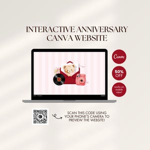 Puede incluir: Una pantalla de portátil muestra un sitio web de aniversario interactivo con fondo de rayas rosas, un osito en un sobre rojo, un disco de vinilo y una cámara instantánea rosa. Texto: INTERACTIVE ANNIVERSARY CANVA WEBSITE, 50% OFF, y un código QR.