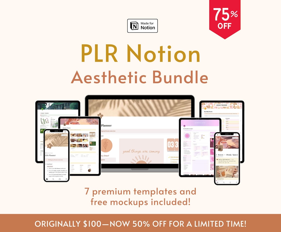 7 PLR Bundle Aesthetic Notion Templates Resell Rights Notion Bundle ...