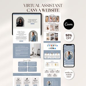 May include: A digital mockup showcasing a virtual assistant Canva website design. The design includes a website layout on a tablet and a phone, with the text "Virtual Assistant Canva Website". A "50% OFF" badge and the Canva logo are also visible.