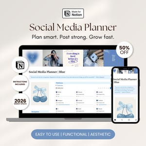 Op de afbeelding: Een digitale social media planner weergegeven op een laptop en smartphone. De planner, getiteld "Social Media Planner | Blue", heeft een lichtblauwe kersafbeelding en de tekst "Plan smart. Post strong. Grow fast."