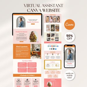 May include: A digital mockup of a website design for a virtual assistant, displayed on a tablet and a smartphone. The design features a peach and white color scheme with the text "Virtual Assistant Canva Website" and the name "Natalie Porehman".