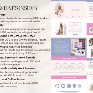 May include: A website design in pink and blue, featuring sections like "What's Inside?" and "UGC Portfolio". The design includes examples of UGC work, client testimonials, and social media analytics. The site aims to showcase creative content.