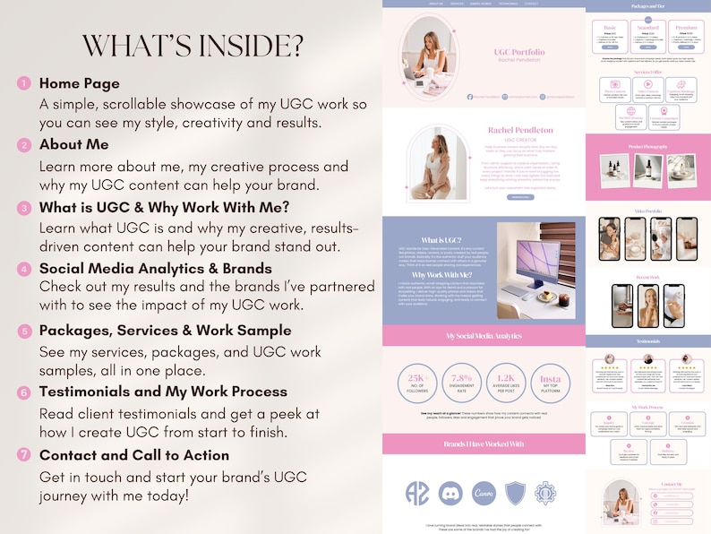 May include: A website design in pink and blue, featuring sections like "What's Inside?" and "UGC Portfolio". The design includes examples of UGC work, client testimonials, and social media analytics. The site aims to showcase creative content.