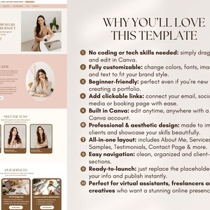 Puede incluir: Una plantilla de sitio web con una combinaci&oacute;n de colores rosa suave y marr&oacute;n. La plantilla incluye secciones para emprendedores, un equipo y servicios. El texto de la derecha destaca caracter&iacute;sticas como la f&aacute;cil personalizaci&oacute;n.